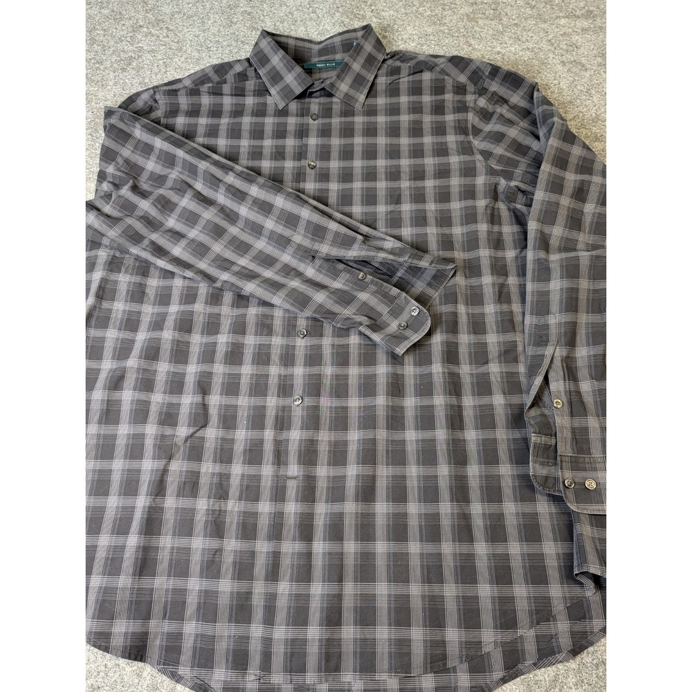 Perry Ellis Shirt Men's 2XLT Charcoal Plaid Long Sleeve Pocket Cotton EUC